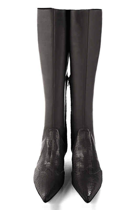 Dark grey women's knee-high boots, with laces at the back. Pointed toe. Low block heels. Made to measure. Top view - Florence KOOIJMAN